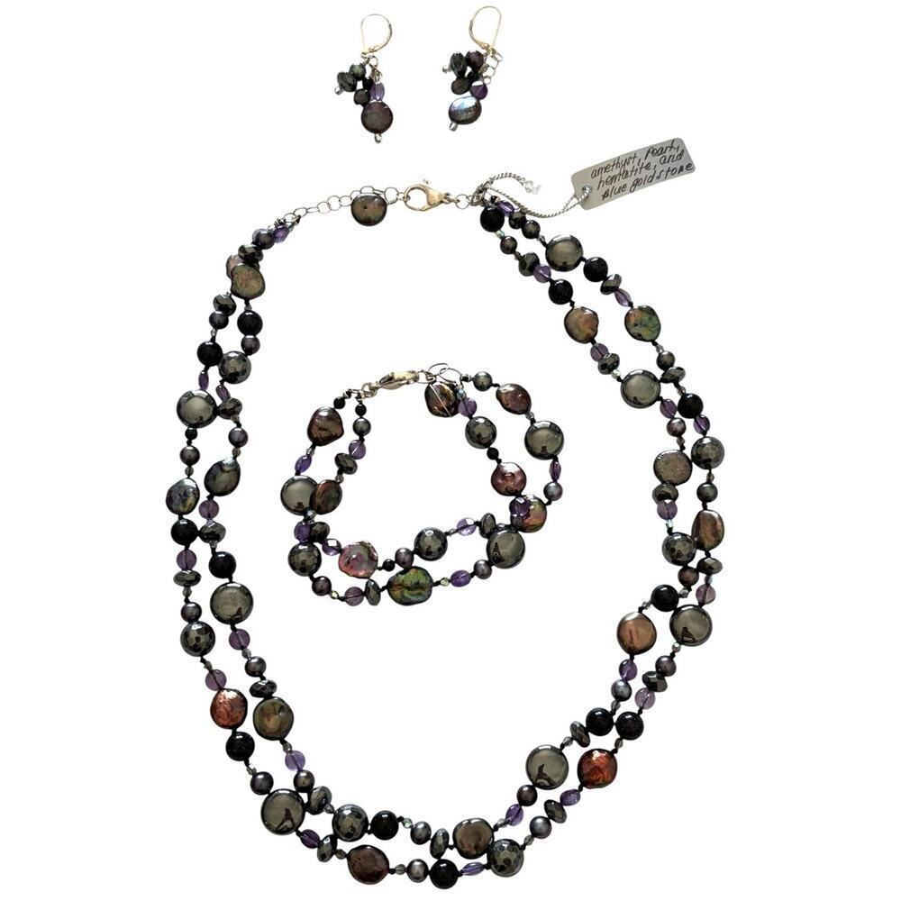 Artisan Amethyst Pearl Goldstone Hematite Sterling Parure Set New With Tag
